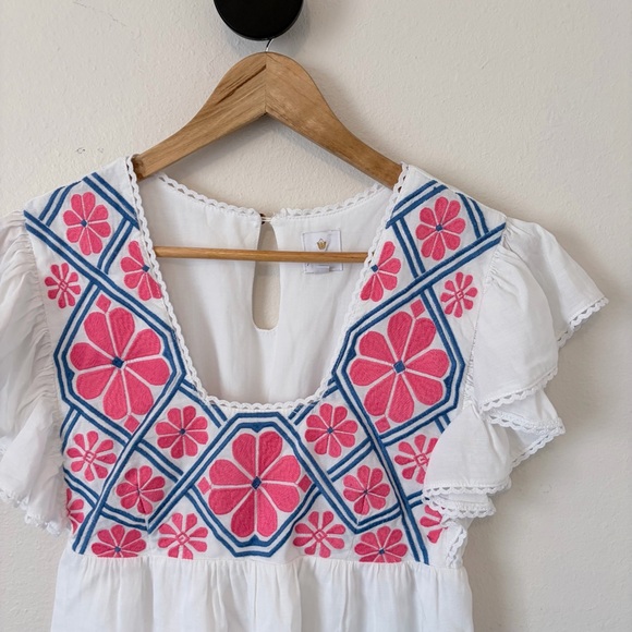 J. Marie Embroidered Flutter Sleeve Babydoll Top White Pink Blue XS - Picture 2 of 6